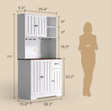 71" Farmhouse Kitchen Pantry Storage Cabinet, Modern Coffee Hutch with Doors, Shelves & Microwave Stand, Cupboard for Dining Room - White+Retro
