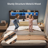 Asofer Queen Bed Frame with,Modern Upholstered Platform Bed with USB Charging Ports Headboard,No Box Spring Needed, Dark Gray