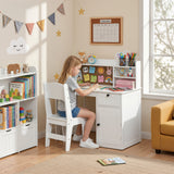 Asofer Kids Study Desk with Drawer and Cabinet, Writing Table with 3 Open Selves & Corkboard for Notes, White
