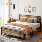 Queen Size Metal Platform Bed Frame with Square Frame Wooden Headboard&Footboard ,Gray