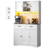 Asofer Kitchen Pantry Cabinet, Tall Storage Cabinet with Charging Station, LED Light, Microwave Stand, Farmhouse Hutch for Dining Room, White
