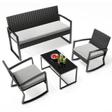 Asofer 4-Piece Outdoor Patio Furniture Set with Glass Table, 2 All-Weather Rattan Rocking Chair for Poolside, Porch