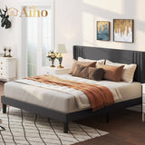 Queen Size Bed Frame, Upholstered Platform Bed Frame with Sturdy Metal Frame, Modern Wingback Headboard - Dark Gray