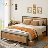 Queen Size Metal Platform Bed Frame with Square Frame Wooden Headboard&amp;Footboard ,Brown