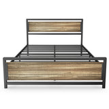 Queen Size Metal Platform Bed Frame with Square Frame Wooden Headboard&Footboard ,Gray