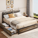 Full Bed Frame with 4 Storage Drawers and 2-Tier Headboard - Gray