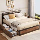 Full Bed Frame with 4 Storage Drawers and 2-Tier Headboard - Retro