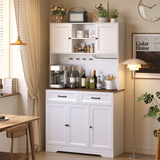 Asofer Kitchen Pantry Cabinet, Tall Storage Cabinet with Charging Station, LED Light, Microwave Stand, Farmhouse Hutch for Dining Room, White