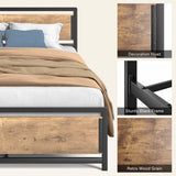 Queen Size Metal Platform Bed Frame with Square Frame Wooden Headboard&amp;Footboard ,Brown