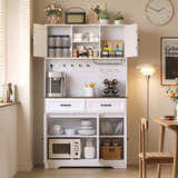 Asofer Kitchen Pantry Cabinet, Tall Storage Cabinet with Charging Station, LED Light, Microwave Stand, Farmhouse Hutch for Dining Room, White