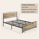 Queen Size Metal Platform Bed Frame with Square Frame Wooden Headboard&Footboard ,Gray