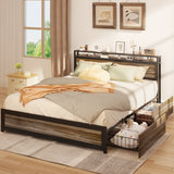 Full Bed Frame with 4 Storage Drawers and 2-Tier Headboard - Gray