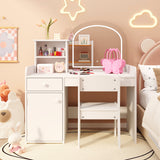 Kids Vanity Table and Chair Set with 2-Tier Open Shelves and Drawer, Noelse White Vanity Set with Mirror and Lights for Pretend Play, Girls Vanity Desk for Bedroom