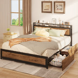 Full Bed Frame with 4 Storage Drawers and 2-Tier Headboard - Retro