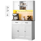 Asofer Kitchen Pantry Cabinet, Tall Storage Cabinet with Charging Station, LED Light, Microwave Stand, Farmhouse Hutch for Dining Room, White