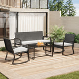 Asofer 4-Piece Outdoor Patio Furniture Set with Glass Table, 2 All-Weather Rattan Rocking Chair for Poolside, Porch