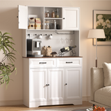 Asofer Kitchen Pantry Cabinet, Tall Storage Cabinet with Charging Station, LED Light, Microwave Stand, Farmhouse Hutch for Dining Room, White