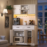 Asofer Kitchen Pantry Cabinet, Tall Storage Cabinet with Charging Station, LED Light, Microwave Stand, Farmhouse Hutch for Dining Room, White