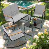 Patio Conversation Sets for 4, Lofka 4 Pieces Patio Furniture Sets with Rocking Bistro Fabric chairs, Garden Loveseat, Glass Coffee Table for Backyard, Poolside, Porch, Lawn, Gray