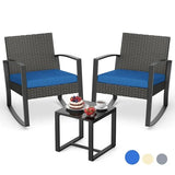 Patio Furniture Set Clearance, 3 Pieces Rocking Wicker Chair with Soft Cushion and Glass Coffee Table, for Garden, Balcony, Backyard, Blue