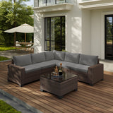 Patio Furniture Set, Lofka 6-Piece Outdoor Furniture Set with Rattan Sofa and Tempered Glass Table for Garden, Porch & Backyard, Gray