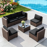 Patio Furniture Set, Lofka 7-Piece Outdoor Sectional Sofa with Tempered Glass Table for Backyard & Porch, Wicker | Metal | Black