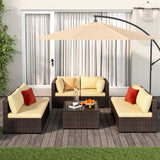 7-Piece Modular Outdoor Sectional Wicker Patio Conversation Set with 2 Pillows, Coffee Table for Garden, Yard, Patio - Beige