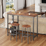 Noelse 3 Piece Bar Table Set for 2, Bar Table with Stools and 2 Storage Shelves, with Glass Rack, Small Kitchen Table for Dining Room, Living Room, Rustic Brown