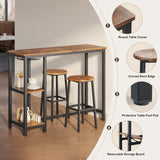 Noelse 3 Piece Bar Table Set for 2, Bar Table with Stools and 2 Storage Shelves, with Glass Rack, Small Kitchen Table for Dining Room, Living Room, Rustic Brown