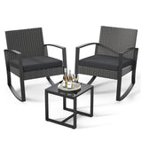 Jolifa 3-Piece Patio Furniture Set,Outdoor Rocking Wicker Bistro Set with Cushions & Tempered Glass Table - for Porch|Balcony|Garden (Black)