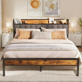 Full Bed Frame with Storage Headboard Camas Full Size, Metal Platform Bed Hold 1000 lbs, Dark Gray