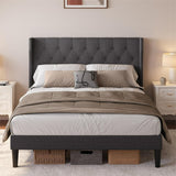 Queen Platform Bed Frame, Lofka Bed Frame Queen Size with Upholstered Headboard and Velcro Assembly Design, Gray