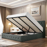 Queen Size Lift Up Storage Bed, Button Tufted Headboard with Wingback, No Box Spring Needed, Hydraulic Storage, Dark Grey