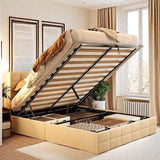 Queen Size Lift Up Storage Bed, Button Tufted Headboard with Wingback, No Box Spring Needed, Hydraulic Storage, Light Beige