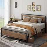 Queen Size Metal Platform Bed Frame with Square Frame Wooden Headboard&Footboard
