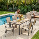 7 Piece Patio Dining sets, Noelse Outdoor Patio Table and Chairs set with Side Umbrella Hole and 6 Stackable Textilene Chairs for Backyard, Brown