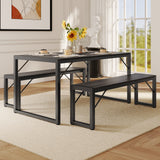 Asofer 45.5" Dining Table Set for 4, Wooden Desktop and Metal Frame Kitchen Table with 2 Benches, Dining Room, Black