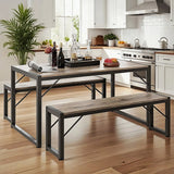 Dining Table Set for 4, 3 Pieces Kitchen Table with 2 Benches for Dining Room, Gray Mesa de comedor