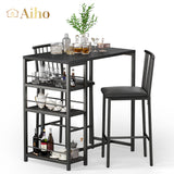 The Bar Table and Chairs Set for 2 with 3 Storage Shelves - Black