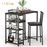 The Bar Table and Chairs Set for 2 with 3 Storage Shelves - Black