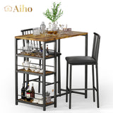 The Bar Table and Chairs Set for 2 with 3 Storage Shelves - Brown