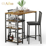 The Bar Table and Chairs Set for 2 with 3 Storage Shelves - Brown