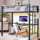 Twin Loft Bed with Desk, Lofka Metal Bunk Bed with LED Lights, Charging Sation, Storage Shelves，Safety Guard and Ladder, Black