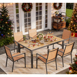 7 Pieces Patio Dining Set, Outdoor Dining Set for 6 with Stackable Textilene Chairs, Durable Steel Frame Garden Yard Dining Set, Brown