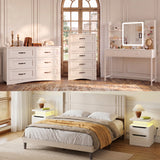 Asofer 6-Piece White Bedroom Set: King Bed Frame, LED Vanity, 2 Drawer Dressers and 2 Charging Nightstands
