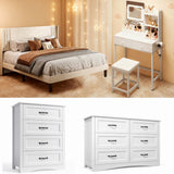 4 Pieces Bedroom Furniture Set, Includes Queen Size Bed Frame with Headboard, Vanity Desk with Mirror and Lights,6-Drawers Dressers and 4-Drawer Dressers for Bedroom, White