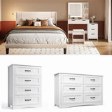 4 Pieces Bedroom Furniture Set, Includes Queen Size Bed Frame with Headboard, Vanity Desk with 5 Storage Drawers，Mirror and Lights,6-Drawers Dressers and 4-Drawer Dressers for Bedroom, White