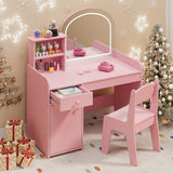Kids Pink Vanity Desk Set with Mirror and Chair, Lofka 37" Girls Vanity Set with Drawer, Light and Door for Bedroom & Playset