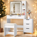 Vanity Set with Mirror and Large Table, Lofka 55"H Makeup Vanity Desk with Bench, Light and 5 Drawers, White