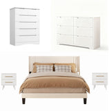 Asofer 5-Pc Queen Bedroom Set: Upholstered Bed Frame, 2 Nightstands & 2 Dressers, White Modern Furniture